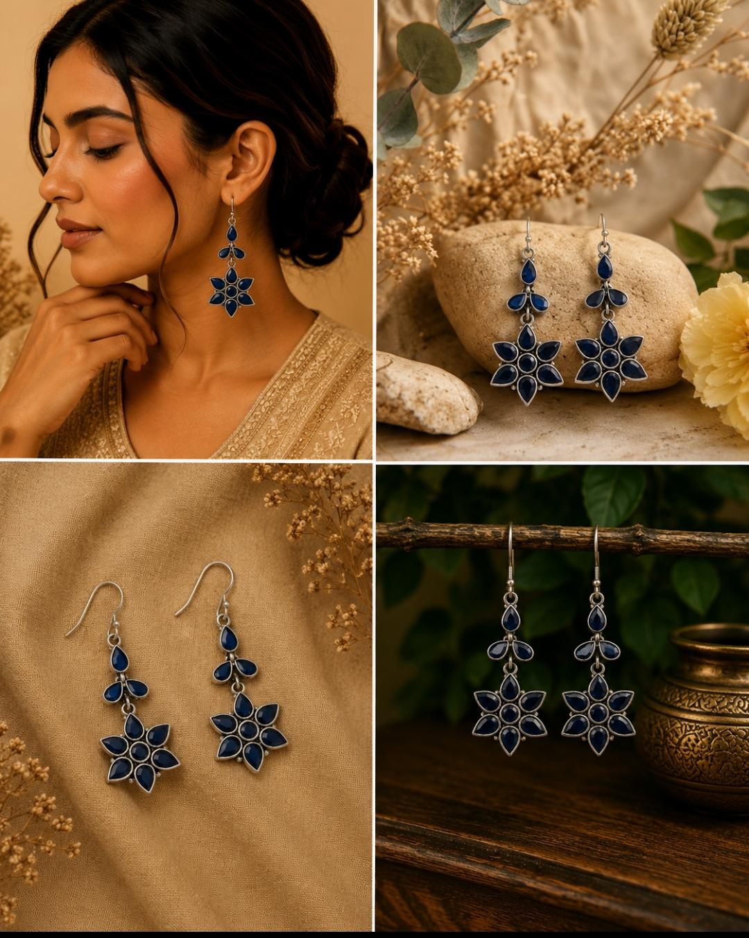 Silver Sapphire Blue Floral Earrings