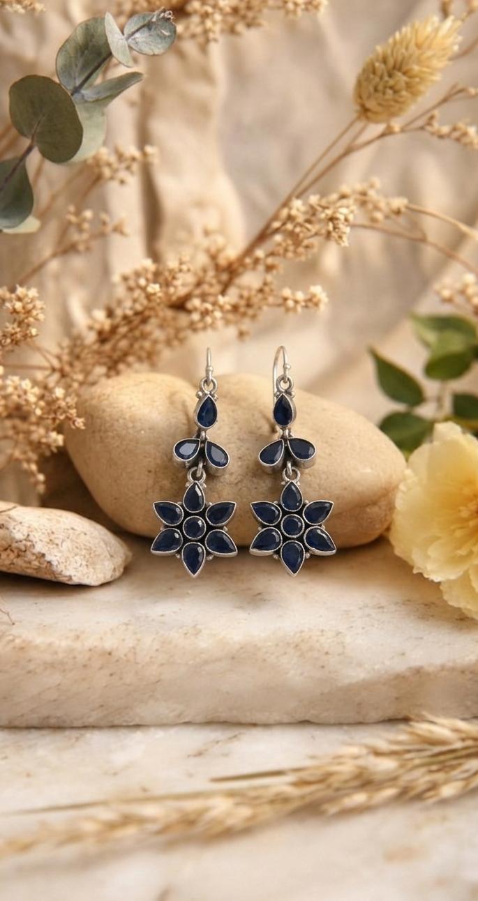 Silver Sapphire Blue Floral Earrings