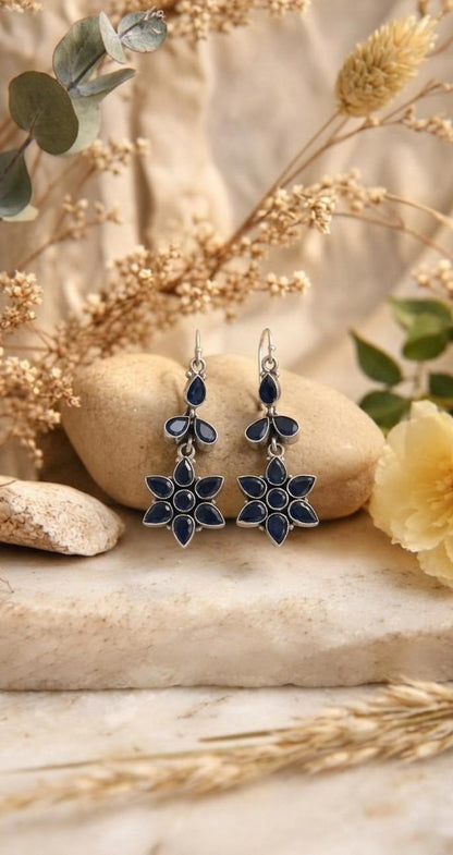 Silver Sapphire Blue Floral Earrings