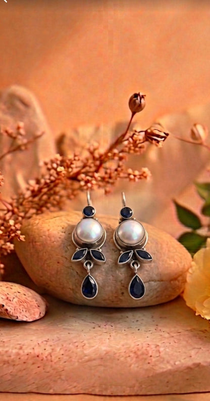 Silver Pearl & Blue Sapphire Earrings