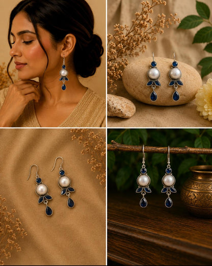 Silver Pearl & Blue Sapphire Earrings