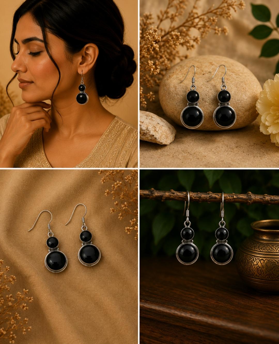 Silver Black Onyx Double Round Earrings