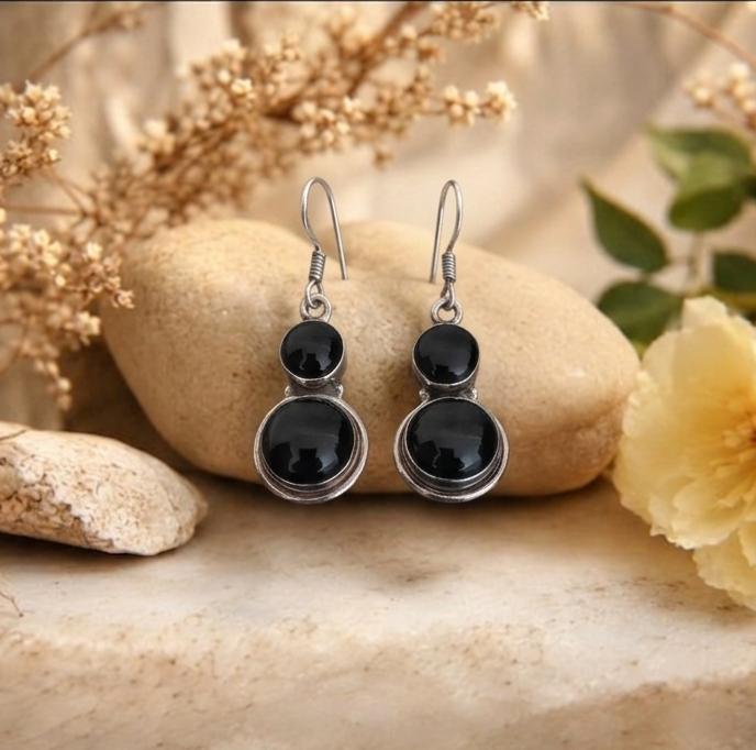 Silver Black Onyx Double Round Earrings