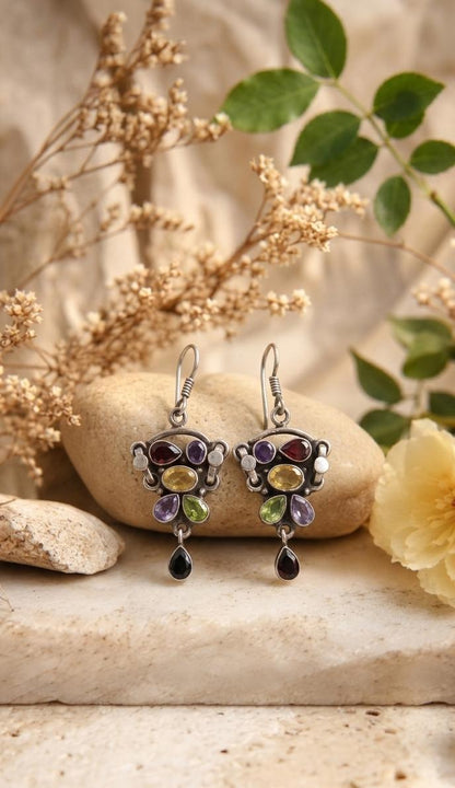 Silver Navratna-Style Chandelier Earrings