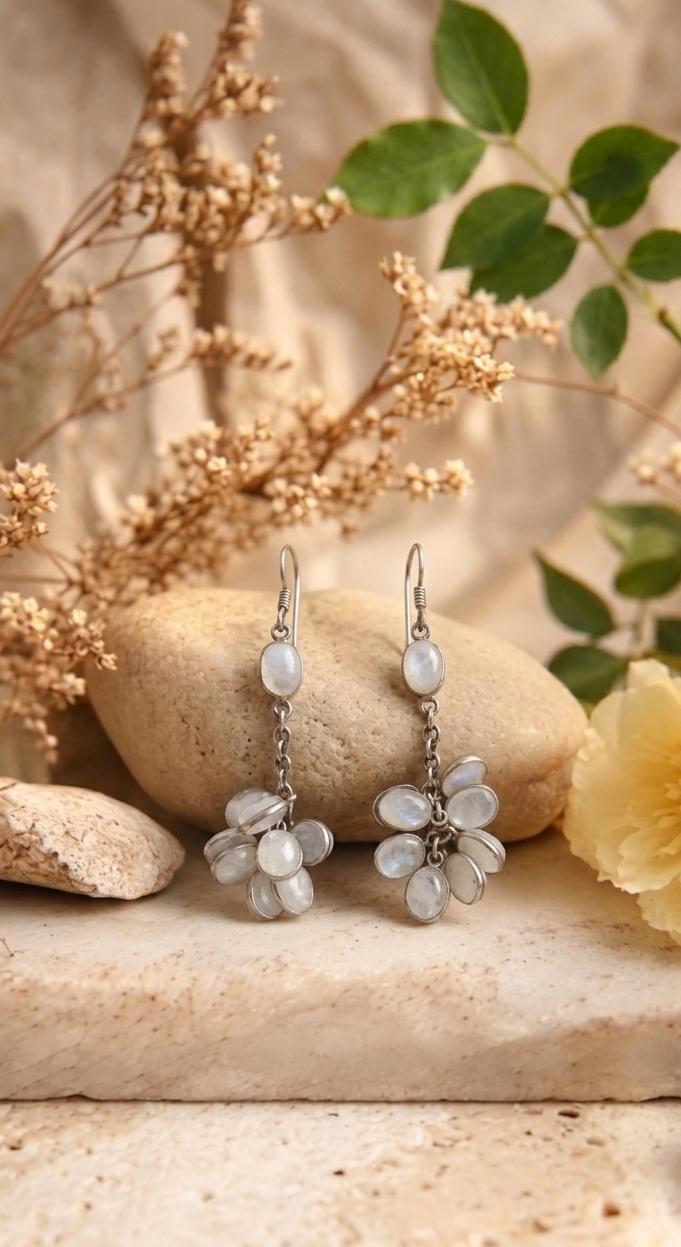 Silver Moonstone Bunch Earrings