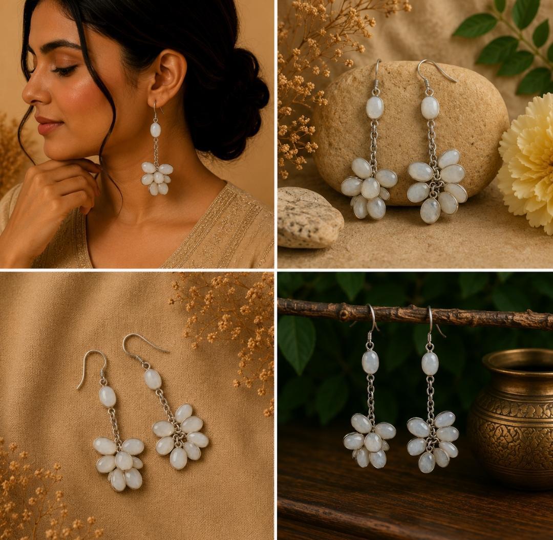 Silver Moonstone Bunch Earrings