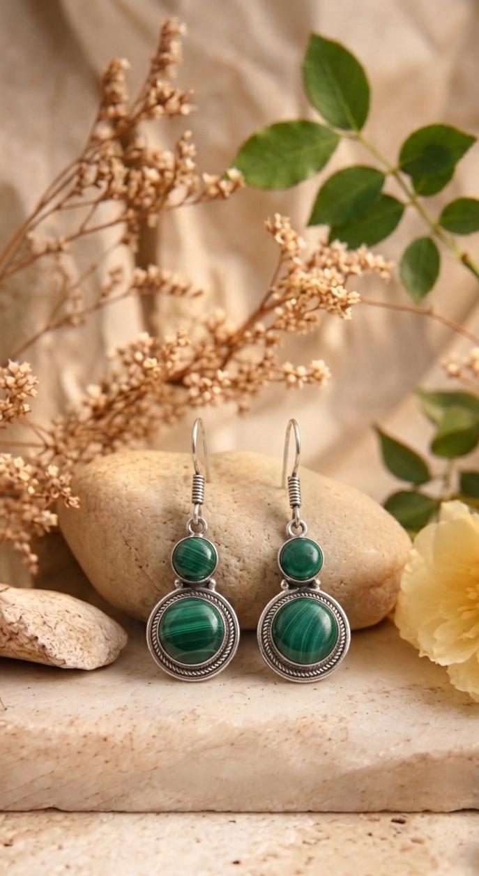 Silver Malachite Double Round Earrings