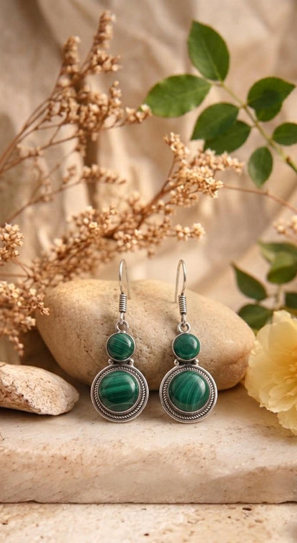 Silver Malachite Double Round Earrings