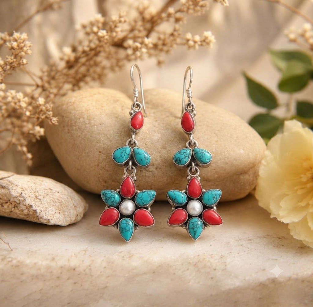 Turquoise & Coral Floral Drops