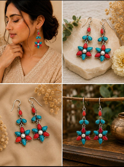 Turquoise & Coral Floral Drops