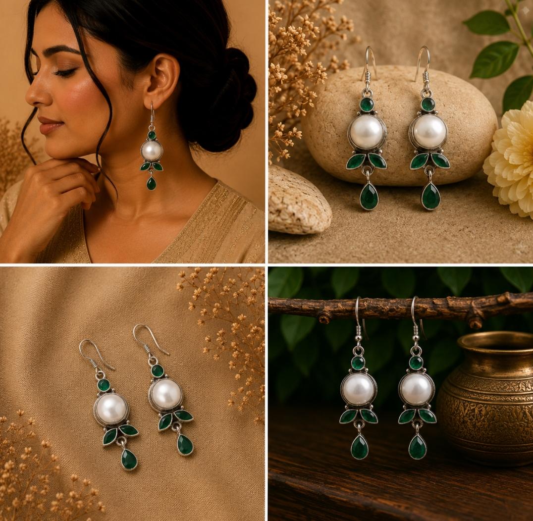 Silver Pearl & Green Emerald Earrings