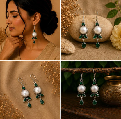 Silver Pearl & Green Emerald Earrings