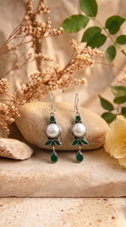 Silver Pearl & Green Emerald Earrings