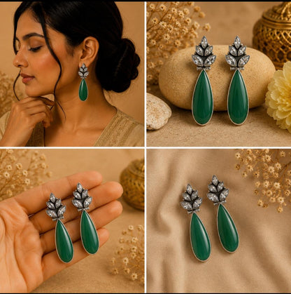Silver Green Drop Earrings