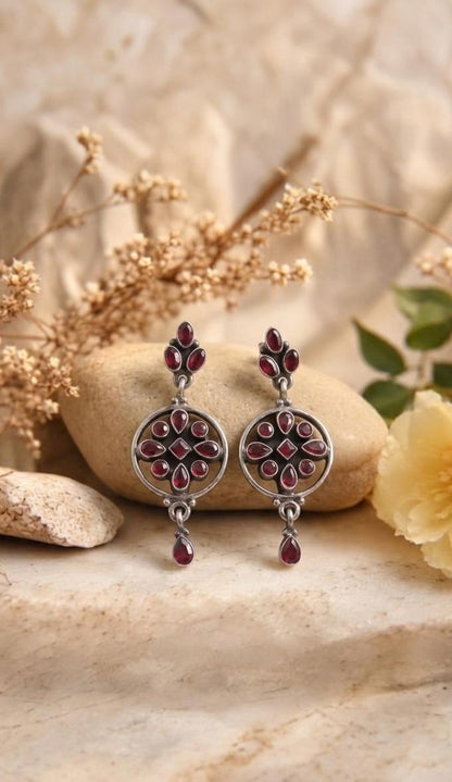 Silver Ruby Wheel Drop Earrings