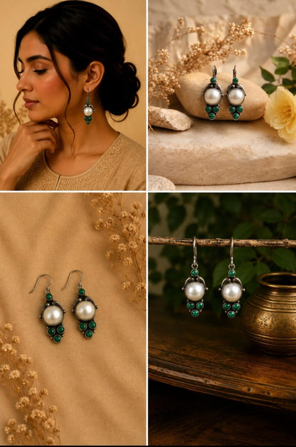 Elegant Pearl & Malachite Earrings