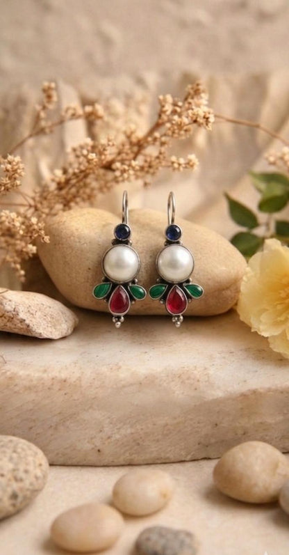 Multi-Gem Pearl Earrings