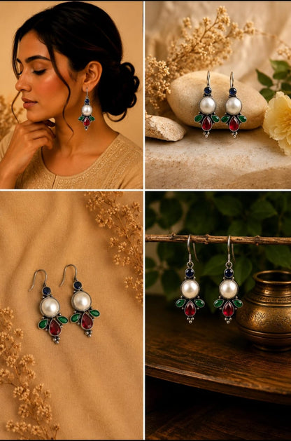 Multi-Gem Pearl Earrings