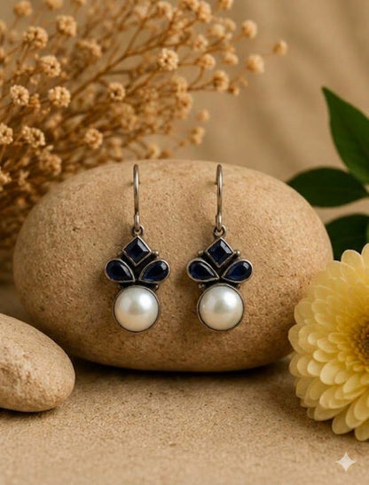 Pearl & Dark Blue Stone Drop Earrings