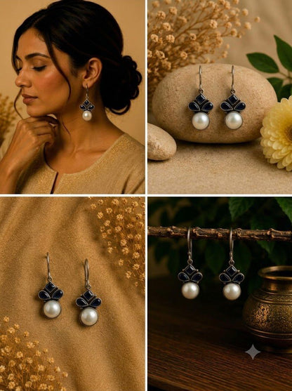Pearl & Dark Blue Stone Drop Earrings