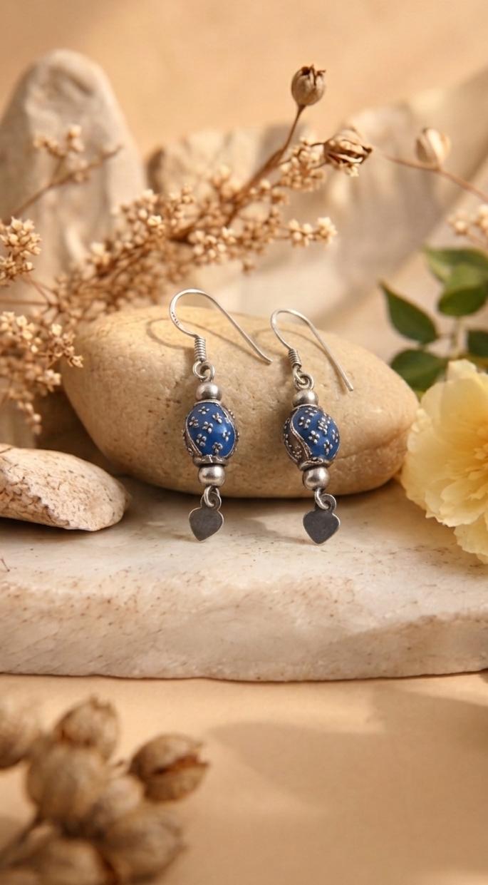 Silver Blue and Red Bead Earrings