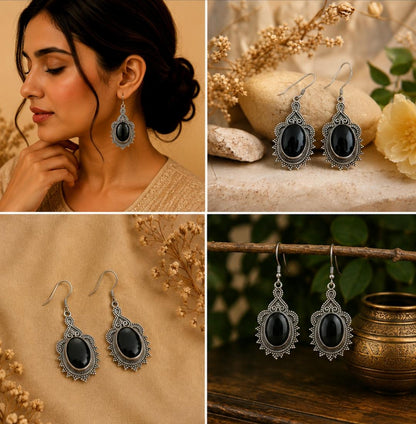 Silver Black Onyx Oval Earrings