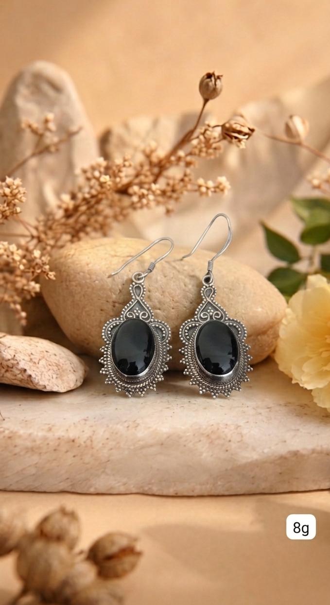Silver Black Onyx Oval Earrings