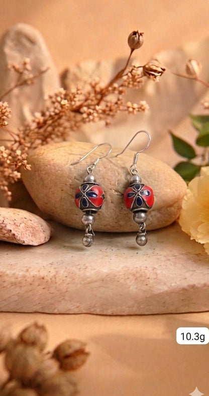 Silver Red & Blue Bead Earrings