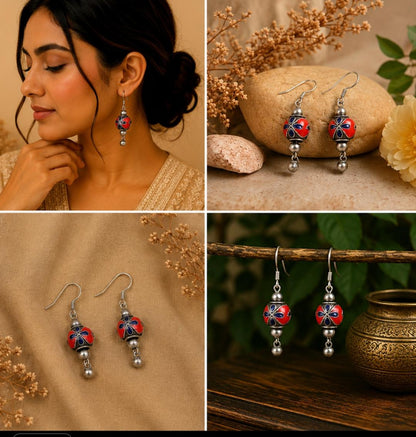 Silver Red & Blue Bead Earrings